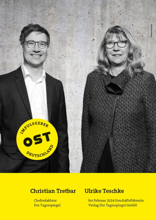 Christian Tretbar und Ulrike Teschke, Chefredakteur Der Tagesspiegel, bis Februar 2024 Geschäftsführerin Verlag Der Tagesspiegel GmbH. Abbildung: Nassim Rad