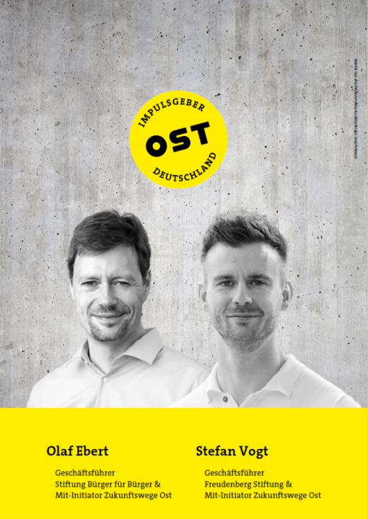Olaf Ebert, Geschäftsführer Stiftung Bürger für Bürger & Mit-Initiator Zukunftswege Ost , Stefan Vogt, Geschäftsführer Freudenberg Stiftung & Mit-Initiator Zukunftswege Ost. Abbildung Ebert: Stiftung Bürger für Bürger, Abbildung Vogt: Fritz Kopetzky