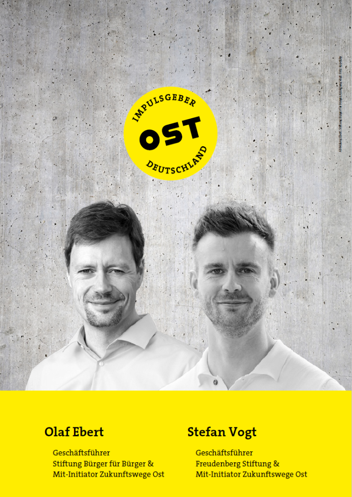 Olaf Ebert, Geschäftsführer Stiftung Bürger für Bürger & Mit-Initiator Zukunftswege Ost , Stefan Vogt, Geschäftsführer Freudenberg Stiftung & Mit-Initiator Zukunftswege Ost. Abbildung Ebert: Stiftung Bürger für Bürger, Abbildung Vogt: Fritz Kopetzky