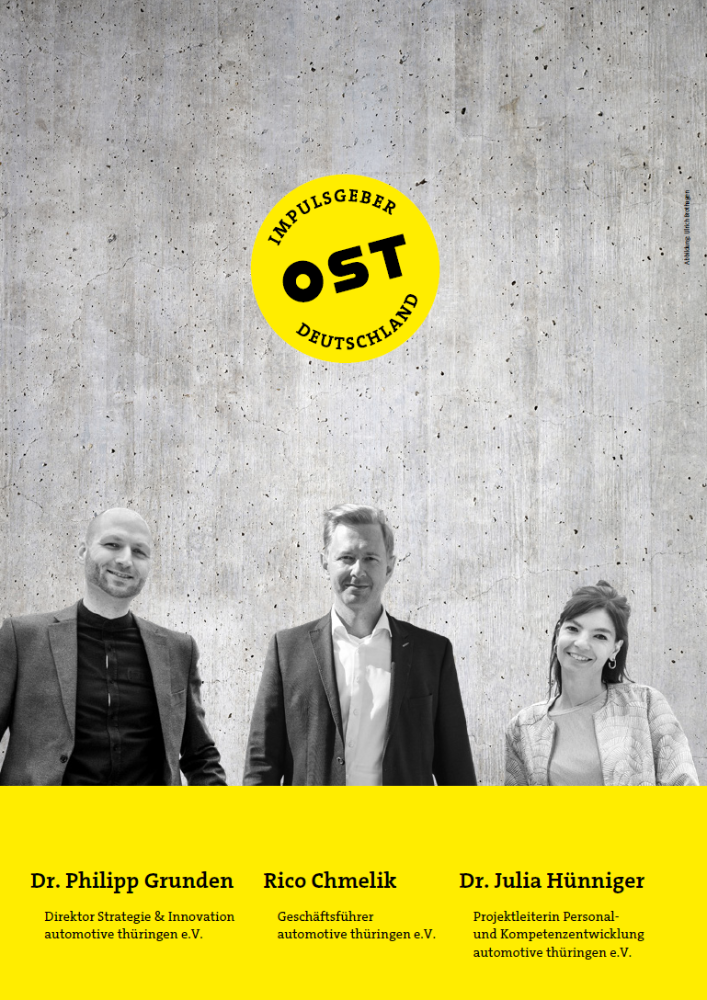 Dr. Philipp Grunden, Direktor Strategie & Innovation automotive thüringen e.V., Rico Chmelik, Geschäftsführer automotive thüringen e.V., Dr. Julia Hünniger, Projektleiterin Personal und Kompetenzentwicklung, automotive thüringen e.V. Abbildung: Ulrich Brothagen