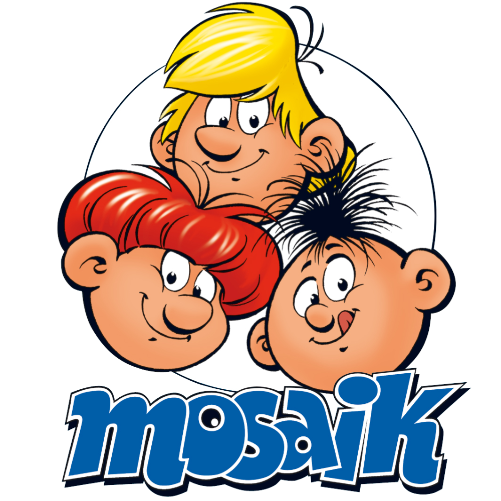 Die drei Abrafaxe im Mosaik-Logo. Abbildung: Mosaik Steinchen für Steinchen Verlag