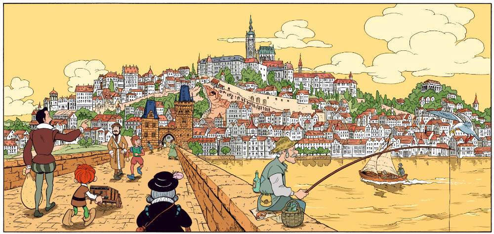 Zum Jubiläum geht es für die Abrafaxe ins goldene Prag. Abbildung: Mosaik Steinchen für Steinchen Verlag
