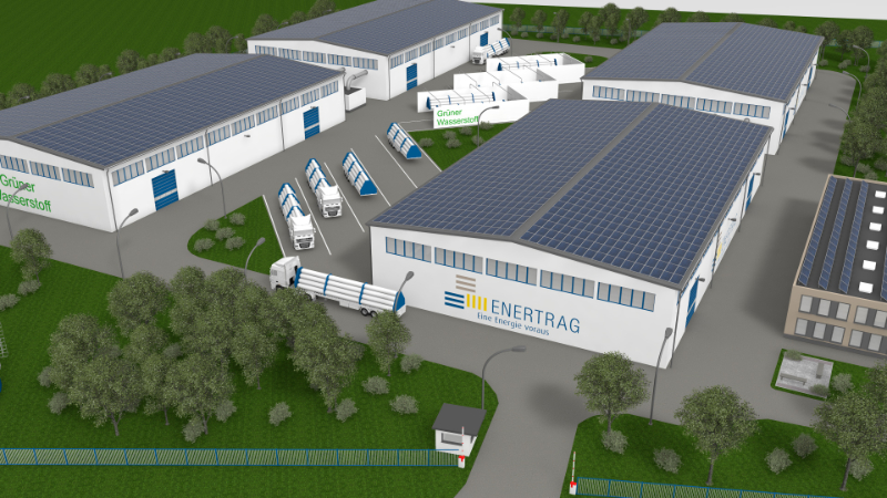 Modell der künftigen Wasserstoff-Fabrik der Firma Enertrag in Falkenhagen. Abbildung: Enertrag