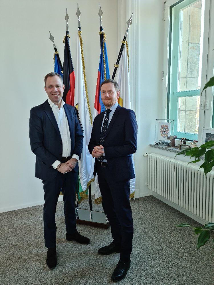 Mario Czaja und Michael Kretschmer in der Sächsischen Staatskanzlei in Dresden, 8. März 2024. Abbildung: privat
