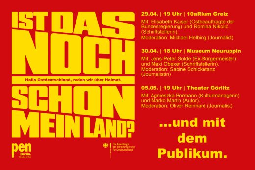 Die Extraausgabe der Veranstaltungsreihe findet in Greiz, Neuruppin und Görlitz statt. Abbildung: Scholz & Friends/PEN Berlin