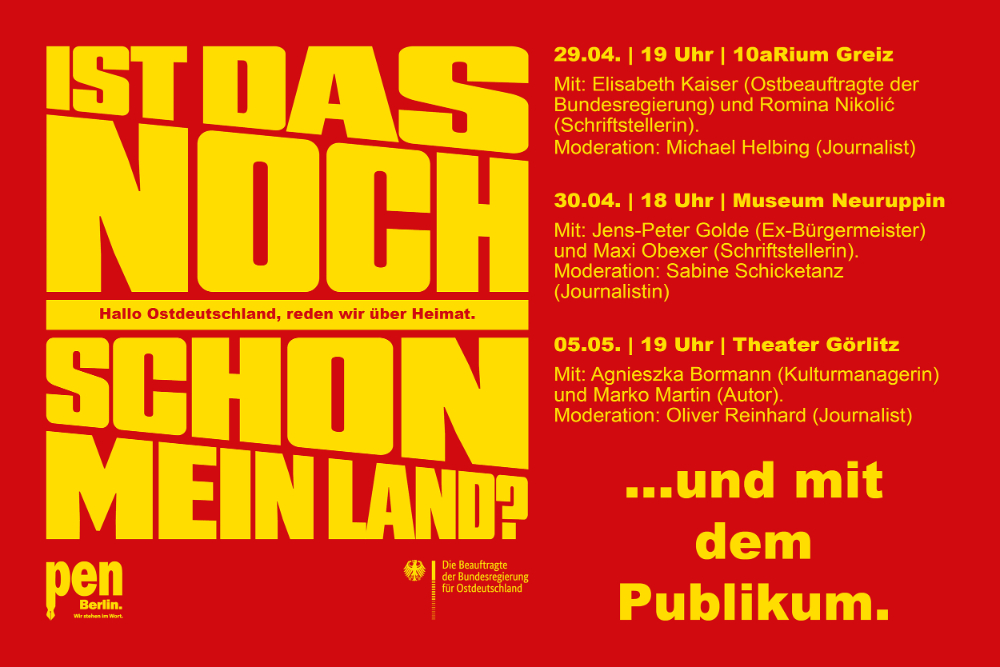Die Extraausgabe der Veranstaltungsreihe findet in Greiz, Neuruppin und Görlitz statt. Abbildung: Scholz & Friends/PEN Berlin