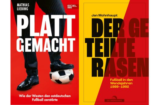 Coverbilder von den Ostfußballbüchern „Plattgemacht“ und „Der geteilte Rasen“.