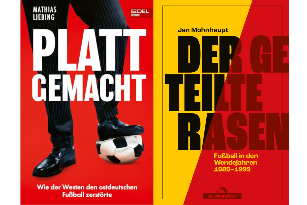 Coverbilder von den Ostfußballbüchern „Plattgemacht“ und „Der geteilte Rasen“.