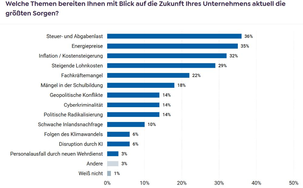 Die Steuer- und Abgabenlast und die Energiepreise sind an der Spitze der Zukunftssorgen der Befragten. Abbildung: Deutschland – Land der Ideen/Deutsche Kreditbank (DKB)