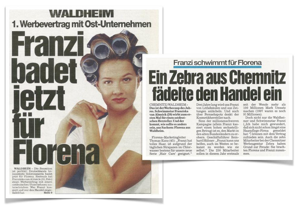 Die Zebra Group erhielt mit einer Florena-Kampagne, für die die Schwimmerin Franziska van Almsick warb, Aufmerksamkeit in den Medien. Abbildung: Zebra Group