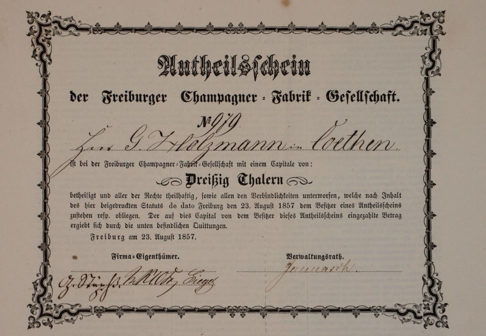 Ein Anteilsschein der Freyburger Champagner-Fabrik-Gesellschaft von 1857. Kloss & Foerster beteiligten sich daran. Die Gesellschaft wurde 1867 versteigert und der Besitz ging an Kloss & Foerster über. Abbildung: EDHAC e.V., Wikimedia Commons