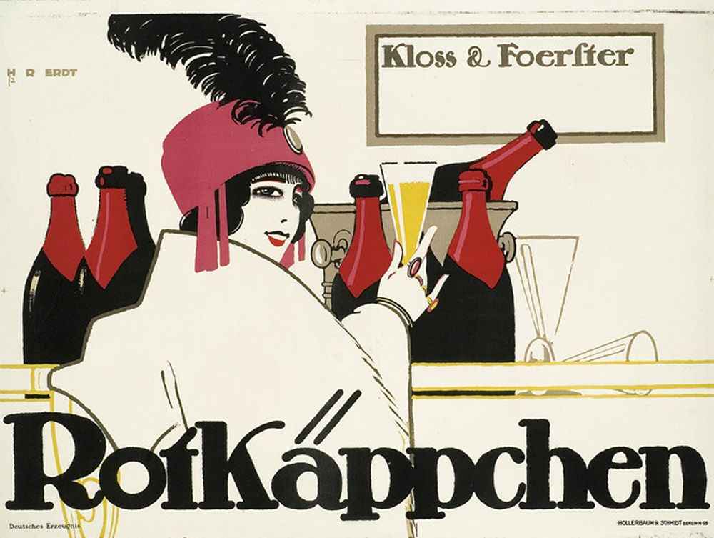 Ein Rotkäppchen-Werbeposter für Kloss & Foerster aus dem Jahr 1912. 1895 ist das Geburtsjahr der Wortmarke Rotkäppchen Sekt. Abbildung: Hans Rudi Erdt, Hollerbaum & Schmidt, Wikimedia Commons